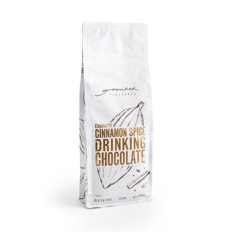 Bag of cinnamon spice drinking chocolate on a white background