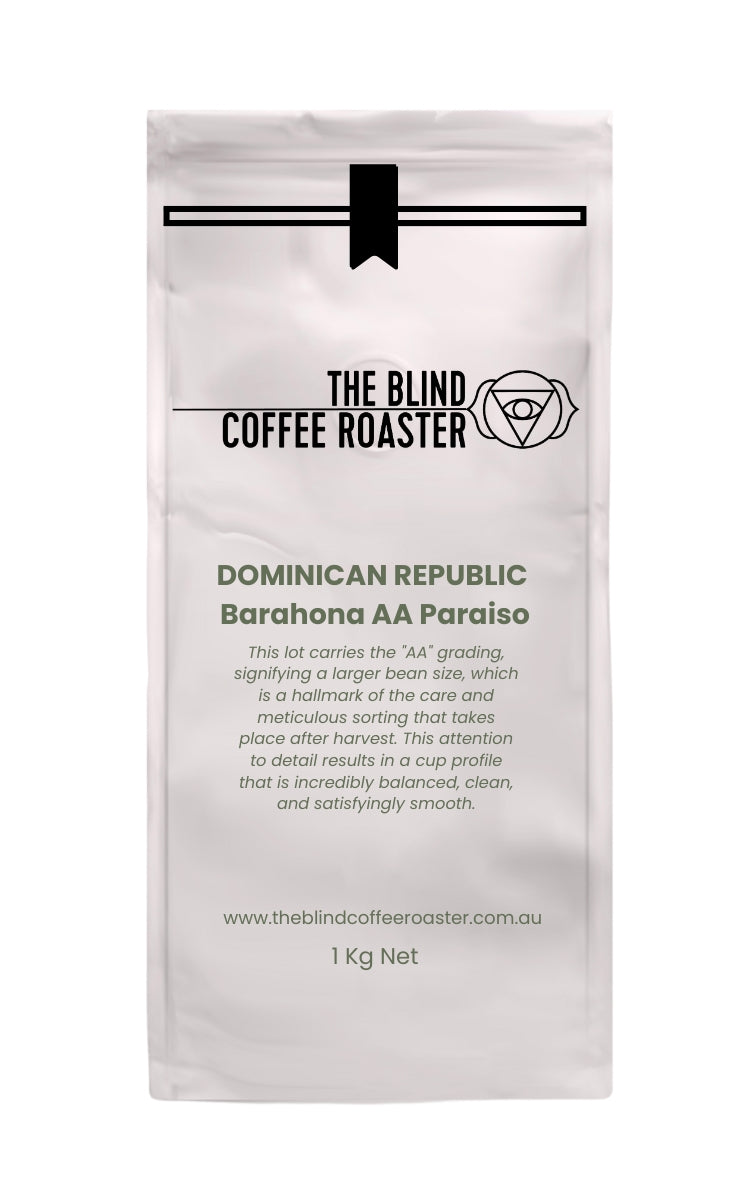Dominican Republic Barahona AA Coffee bag from The Blind Coffee Roaster with product details on a white background