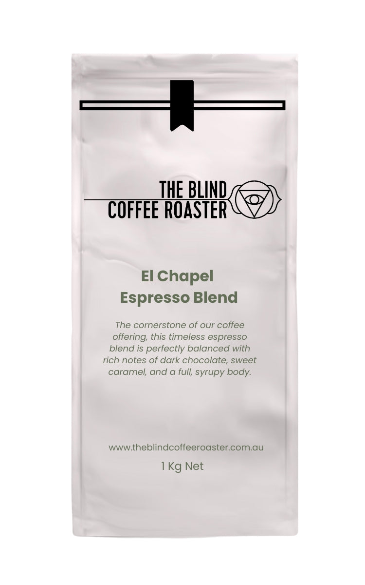 El Chapel Espresso Coffee bag from The Blind Coffee Roaster with product details on a white background