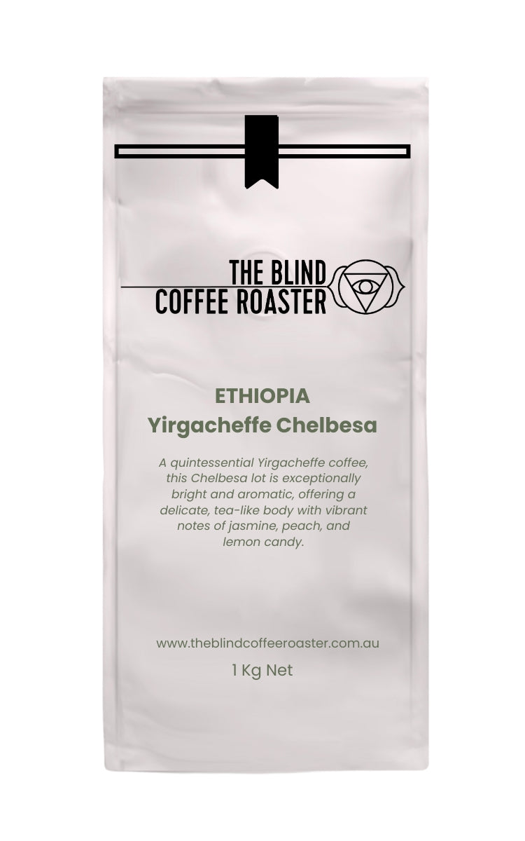Ethiopia Yirgacheffe Chelbesa Coffee bag from The Blind Coffee Roaster with product details on a white background