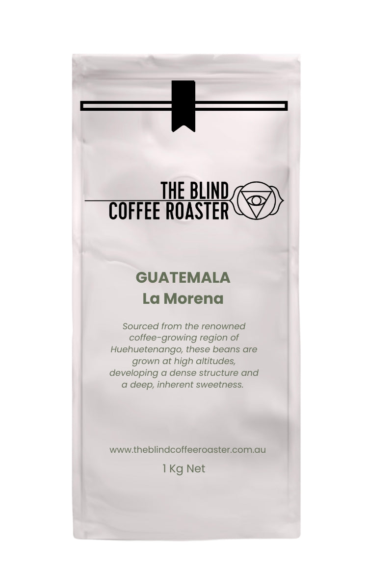 Coffee bag from The Blind Coffee Roaster with Guatemala La Morena branding on a white background