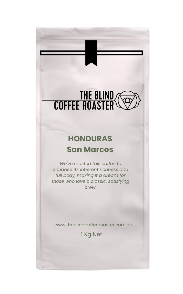 Honduras San Marcos Coffee bag from The Blind Coffee Roaster with product details on a white background