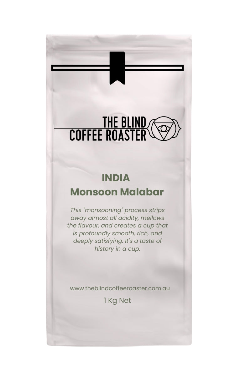 India Monsoon Malabar Coffee bag from The Blind Coffee Roaster with product details on a white background
