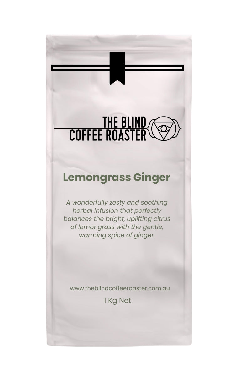 Lemongrass Ginger Tea packaging from The Blind Coffee Roaster on a white background

