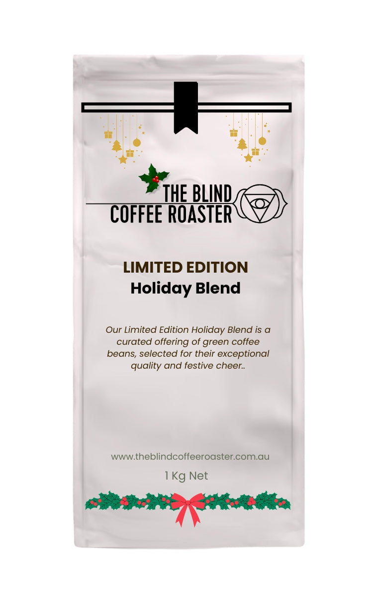 Limited Edition Holiday Blend coffee bag from The Blind Coffee Roaster perfect for festive Christmas coffee recipes and holiday entertaining