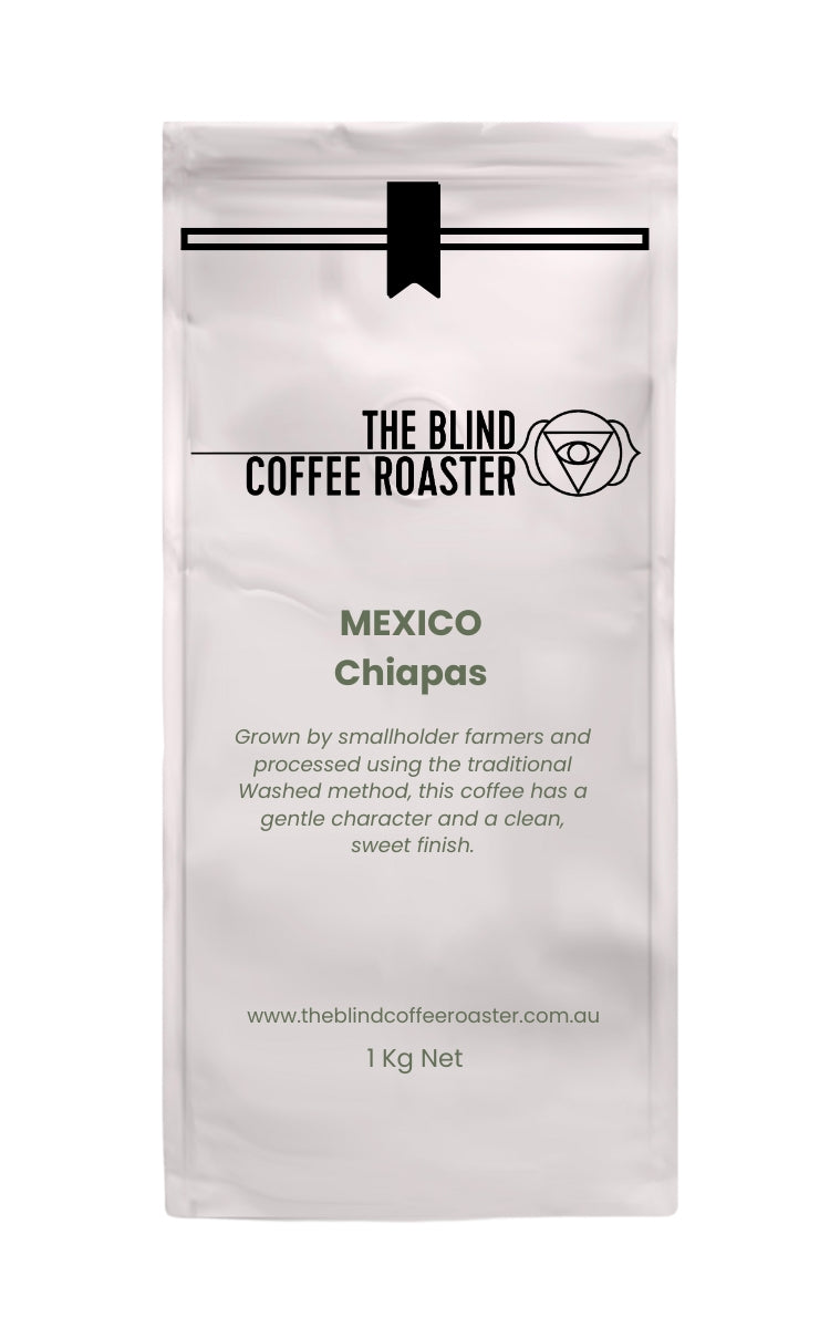 Mexico Chiapas Coffee bag from The Blind Coffee Roaster with product details on a white background