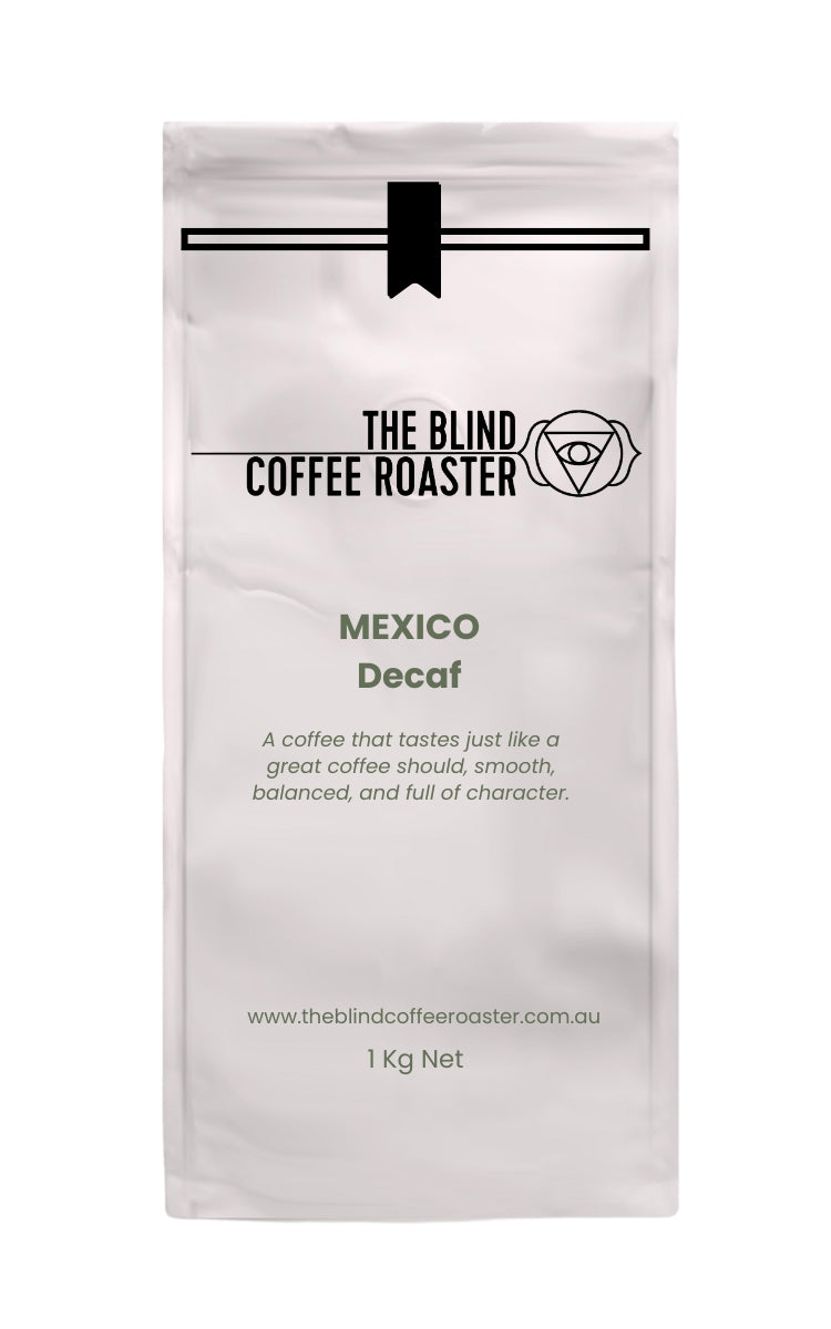 Mexico Decaf Coffee bag from The Blind Coffee Roaster with product details on a white background