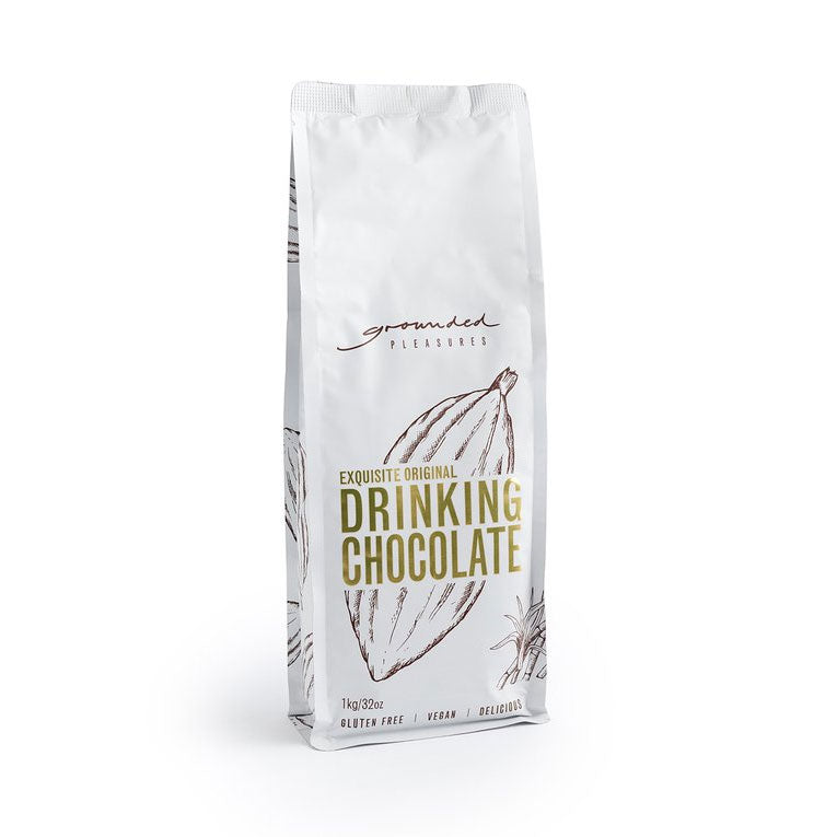 Bag of drinking chocolate with branding on a white background