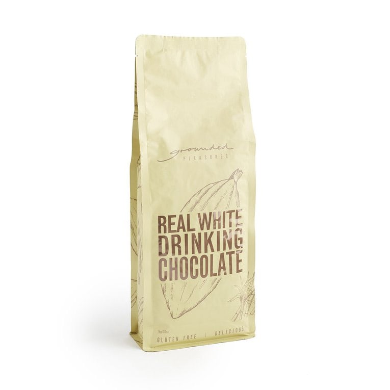 Bag of real white drinking chocolate on a white background