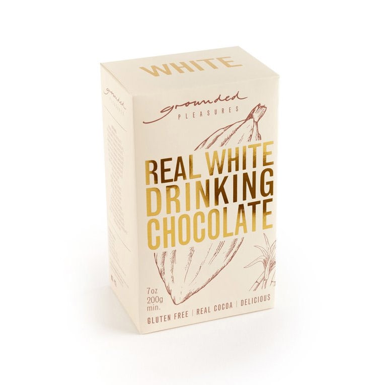 Box of 'Real White Drinking Chocolate' by 'Grounded Pleasures' on a white background