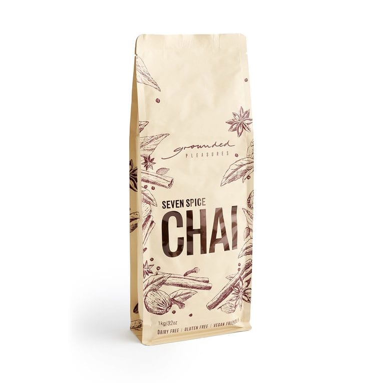 Bag of 'Seven Spice Chai' with botanical illustrations on a white background