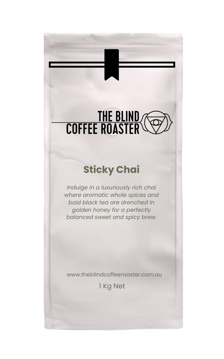 Coffee package from The Blind Coffee Roaster with 'Sticky Chai' flavor description on a white background