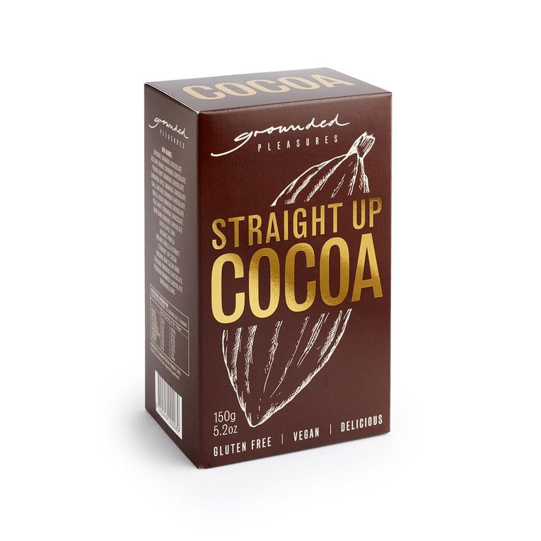 Straight-Up-Cocoa-150g Box of 'Straight Up Cocoa' by Grounded Pleasures on a white background