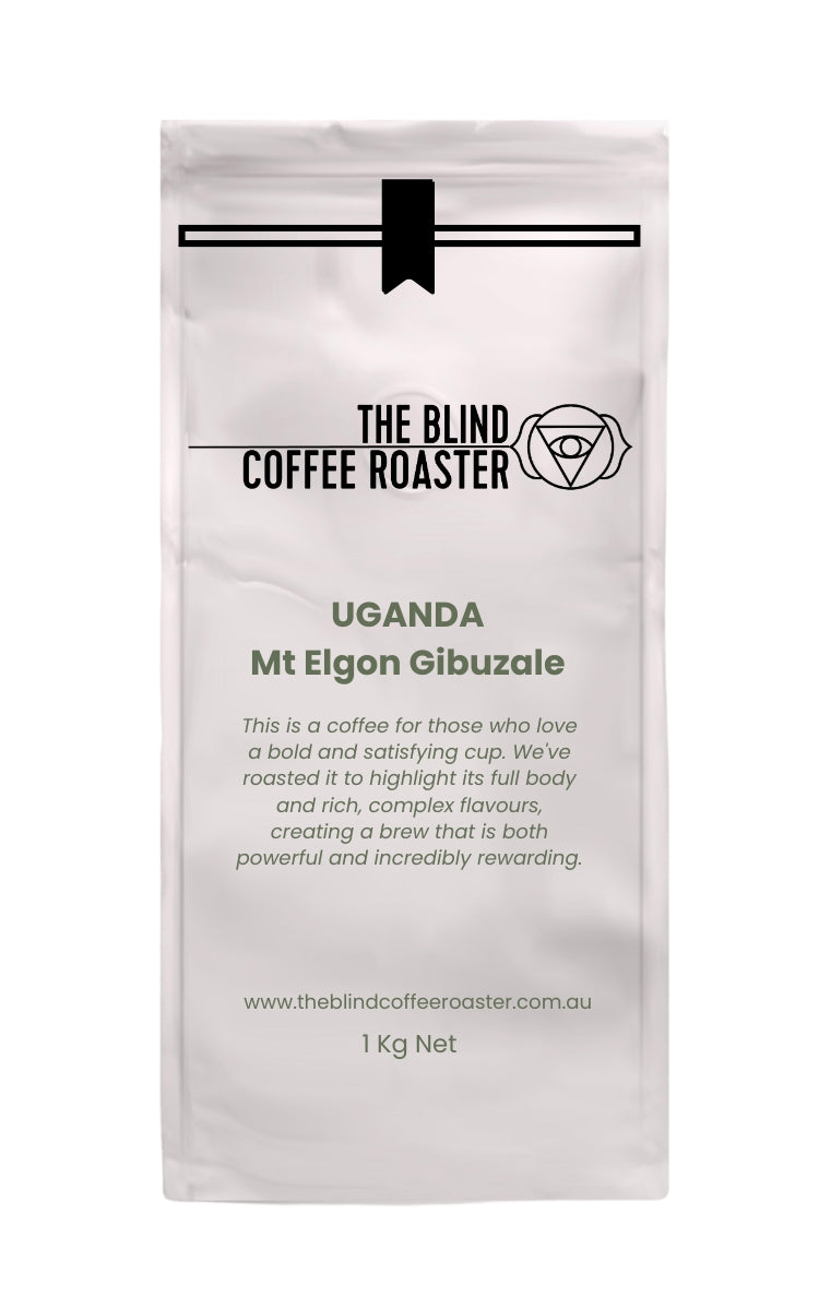 Uganda Mt Elgon Gibuzale Coffee bag from The Blind Coffee Roaster with product details on a white background
