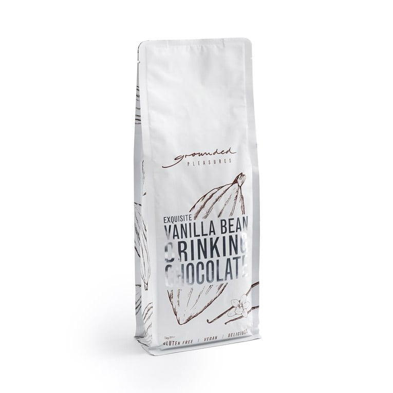 Bag of vanilla bean drinking chocolate on a white background