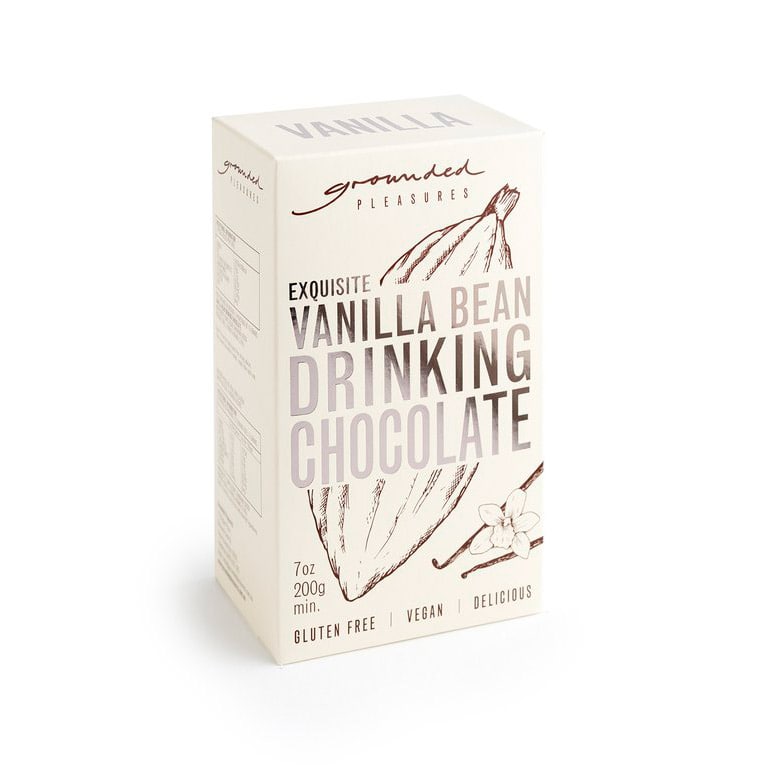 Box of vanilla bean drinking chocolate on a white background